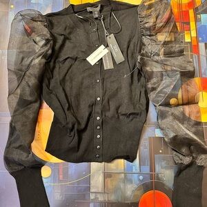 Maison Cinqcent NWT Black Cardigan with Sheer Organza Puff Sleeves – Size M